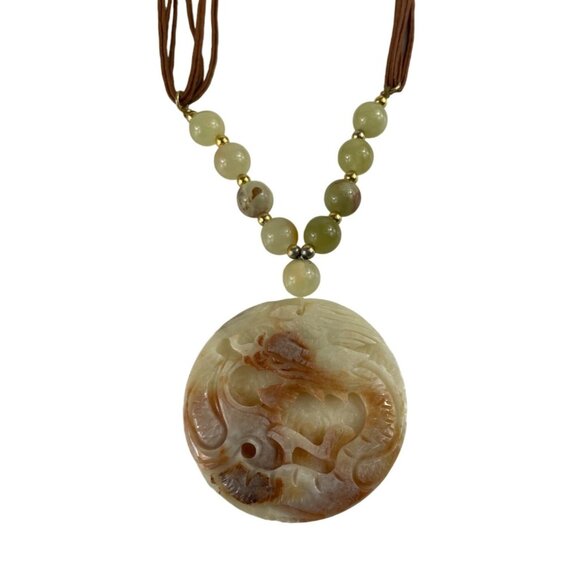 Hobe Natural Stone Carved Dragon White Brown Agate Pendant Bead Necklace - Picture 1 of 15